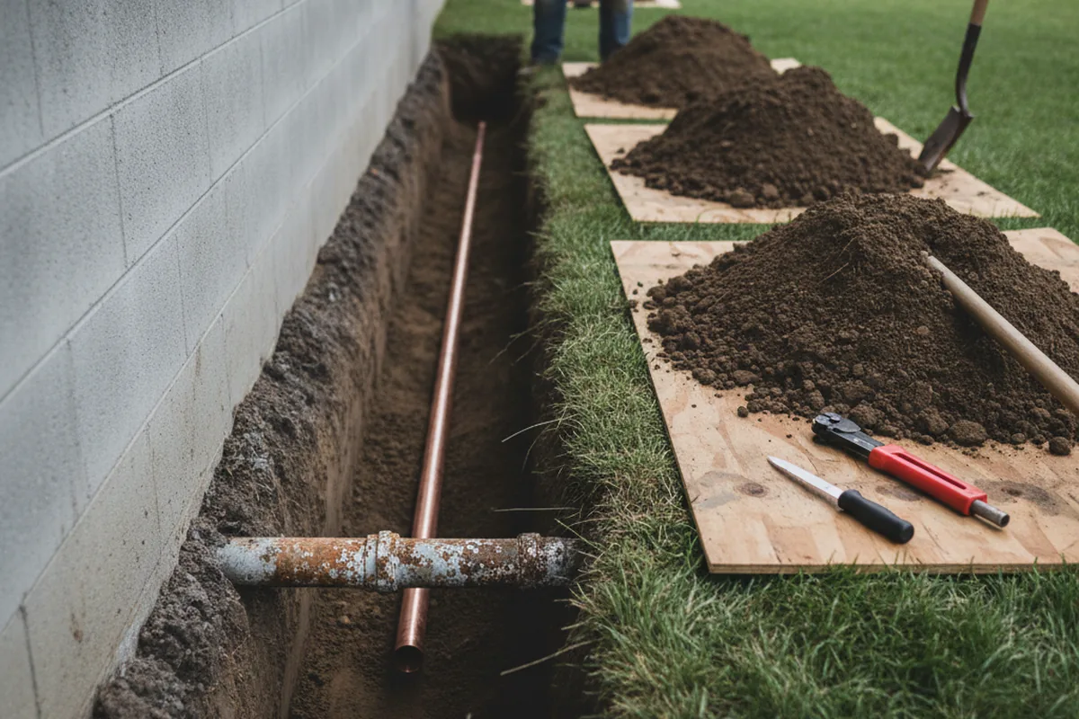 Excavated water line trench during Water Softener Installation in Essex